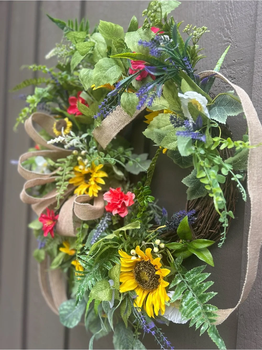 Sunflower wildflower wreath summer front door decor burlap bow wreath